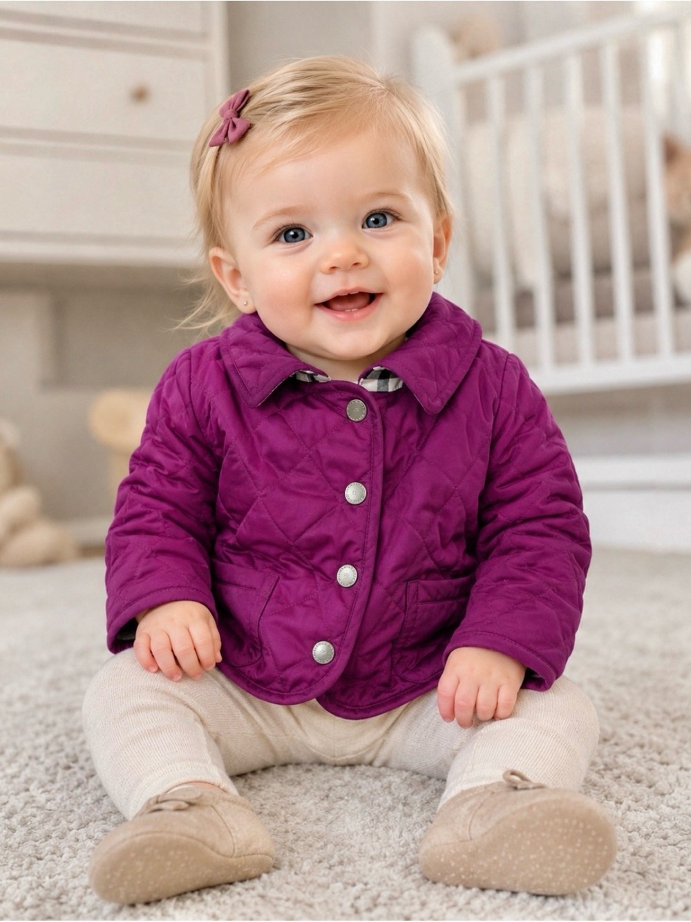 Burberry London Baby girl purple diamond quilted jacket snap button size 9 month